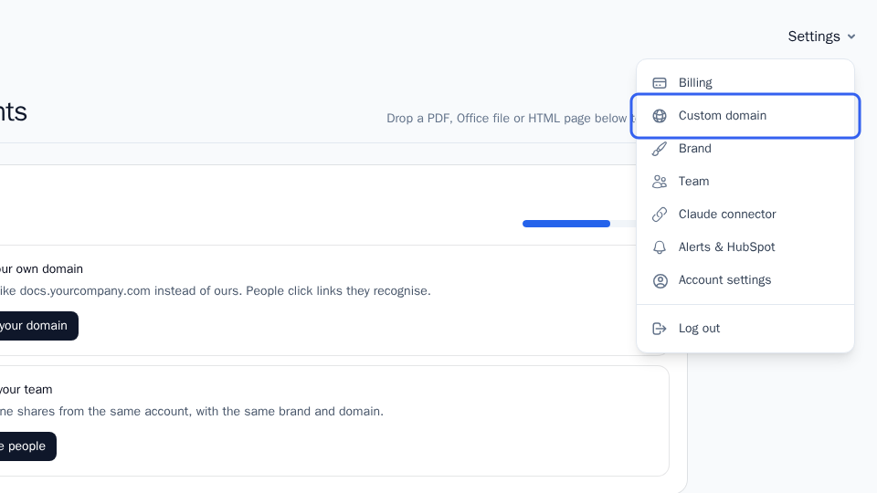 Custom domain in the Settings menu