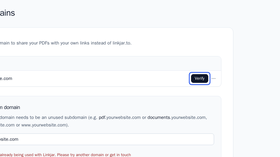 Verify button next to the custom domain
