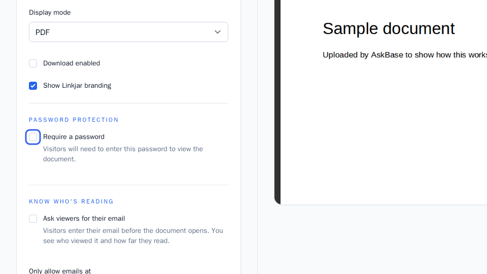 Require a password checkbox